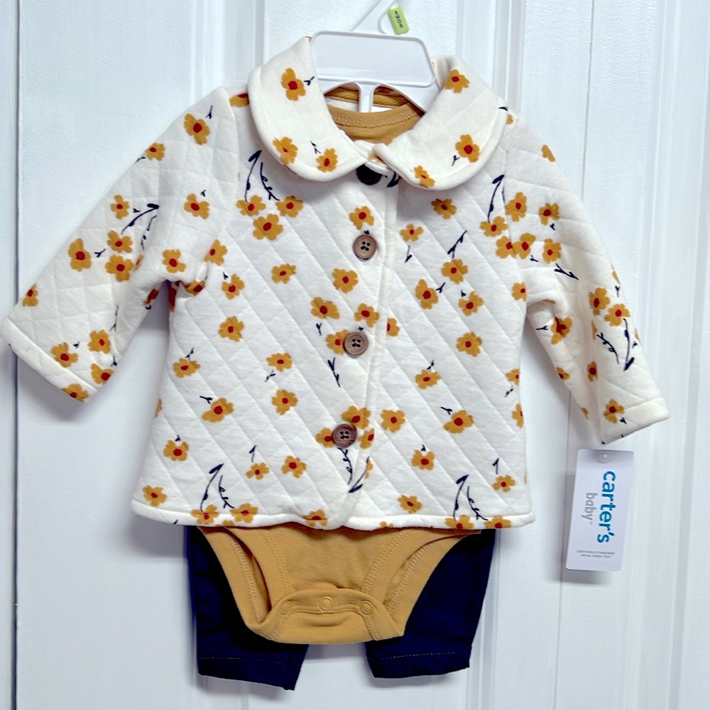 Carters Oeko-Tex Fall Flowers 3 Piece Set Quilted Jacket One Piece Pants 3M NWT